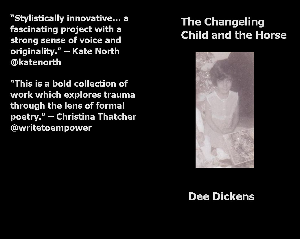 Plain black cover with a black and white picture of a child. Text reads The Changeling Child and the Horse Dee Dickens