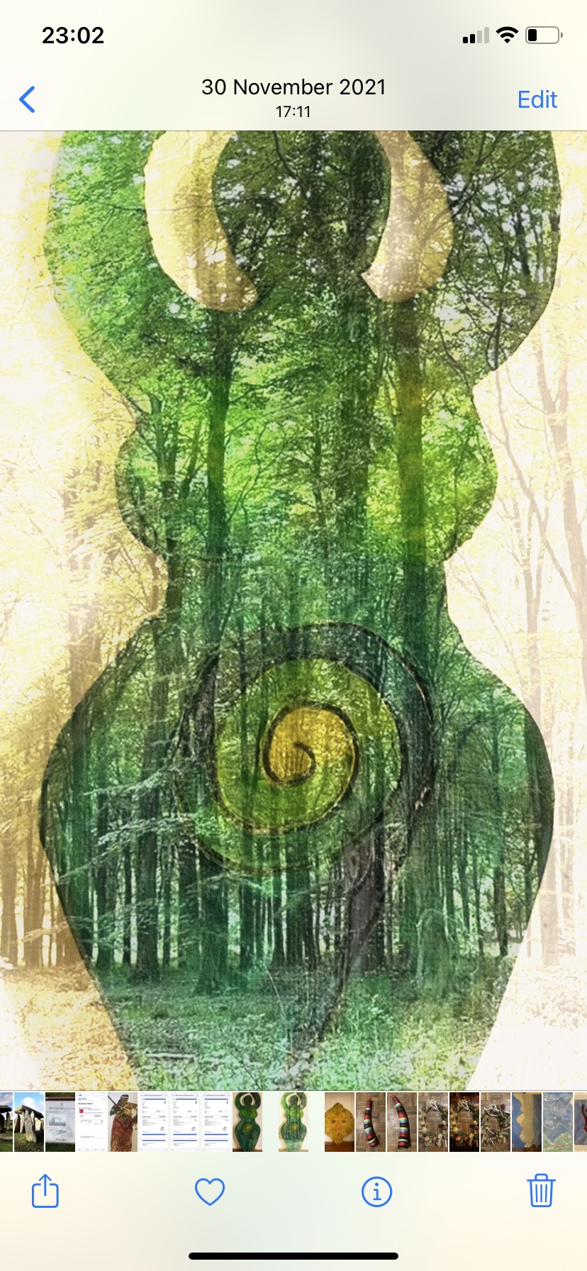 Double Exposure Ceramic Goddess and Trees