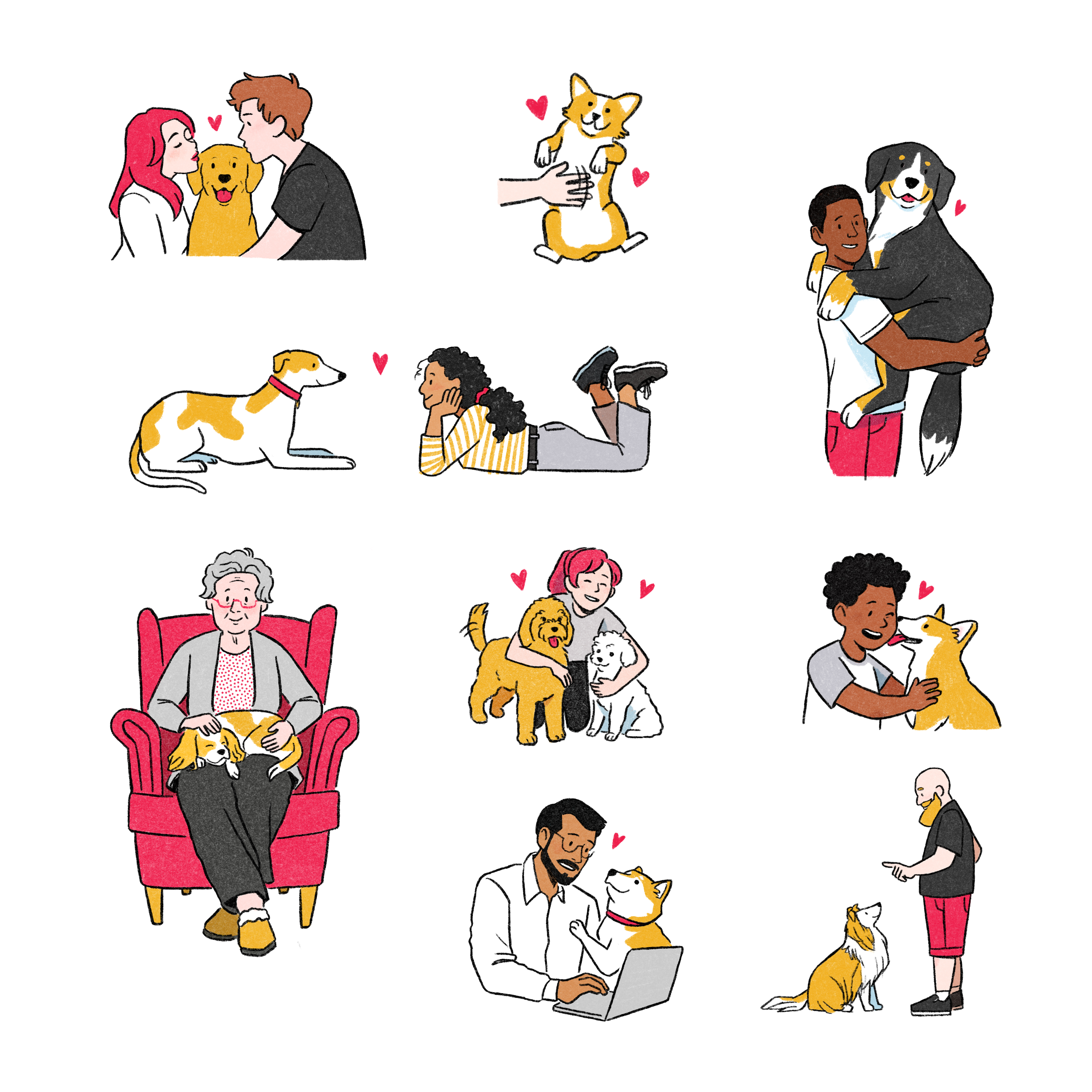 A collection of illustrations of people with their dogs