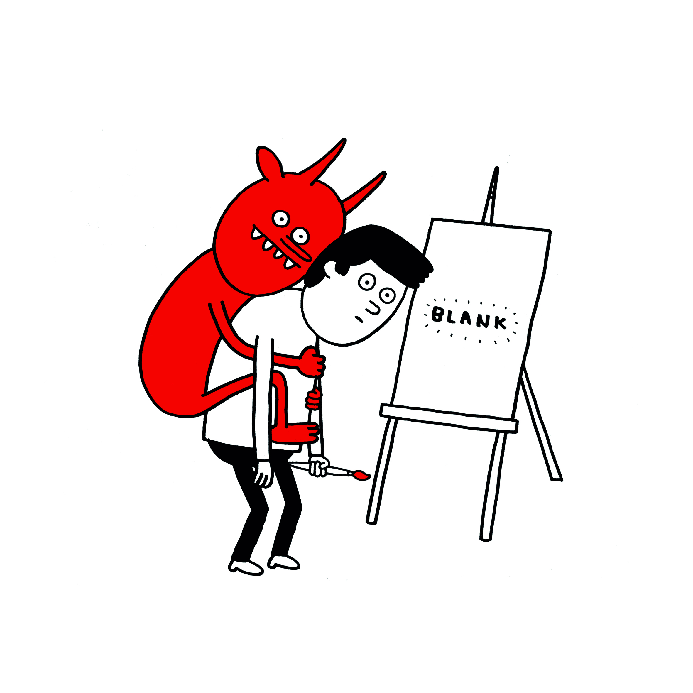 A creative demon on the back of an artist in front of a blank canvas.