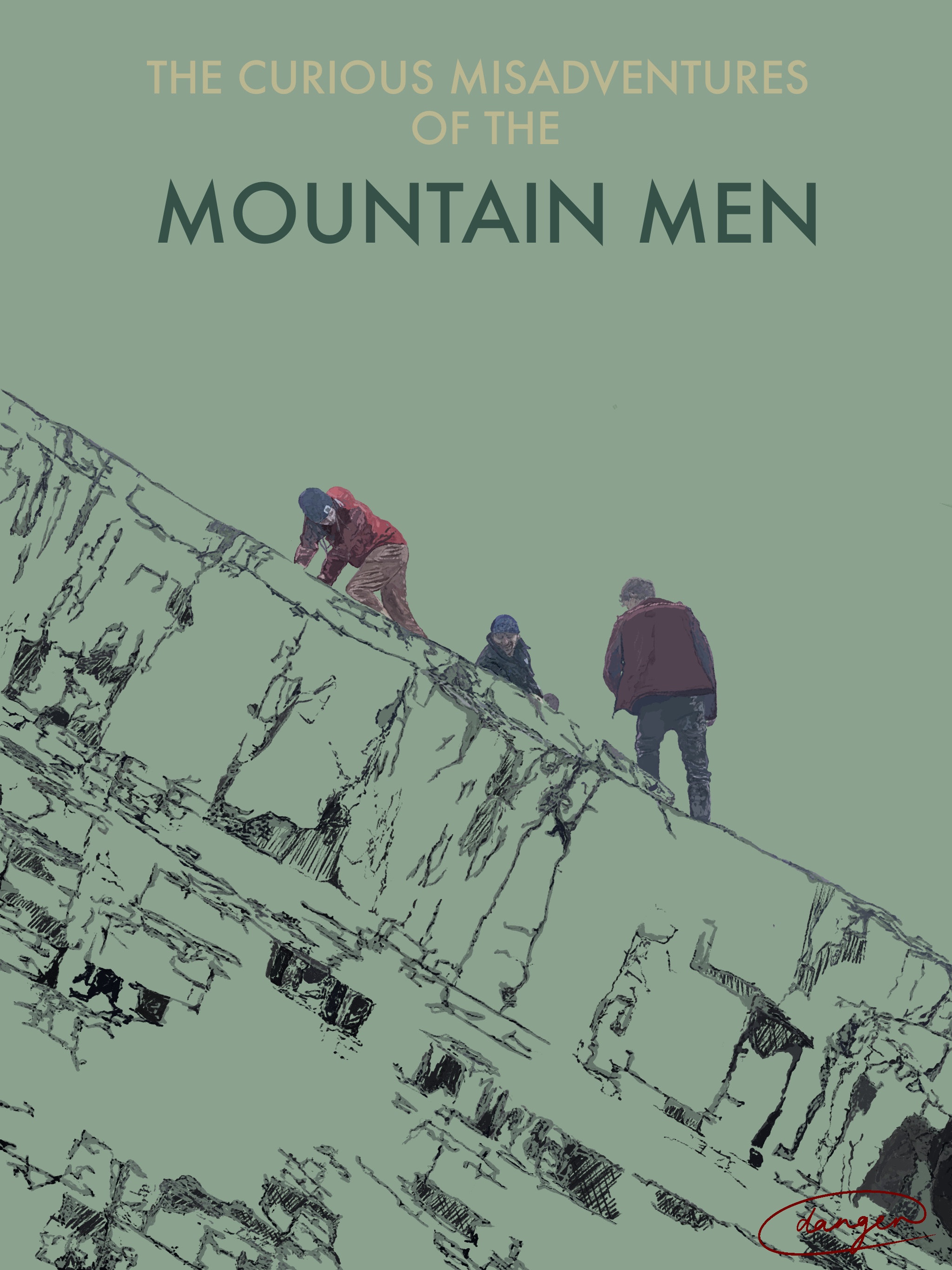 Movie poster style drawing of three men on a mountain.