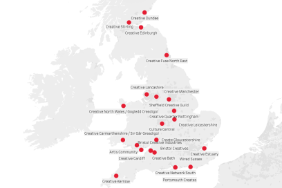 Map of the UK with red pins for creative networks