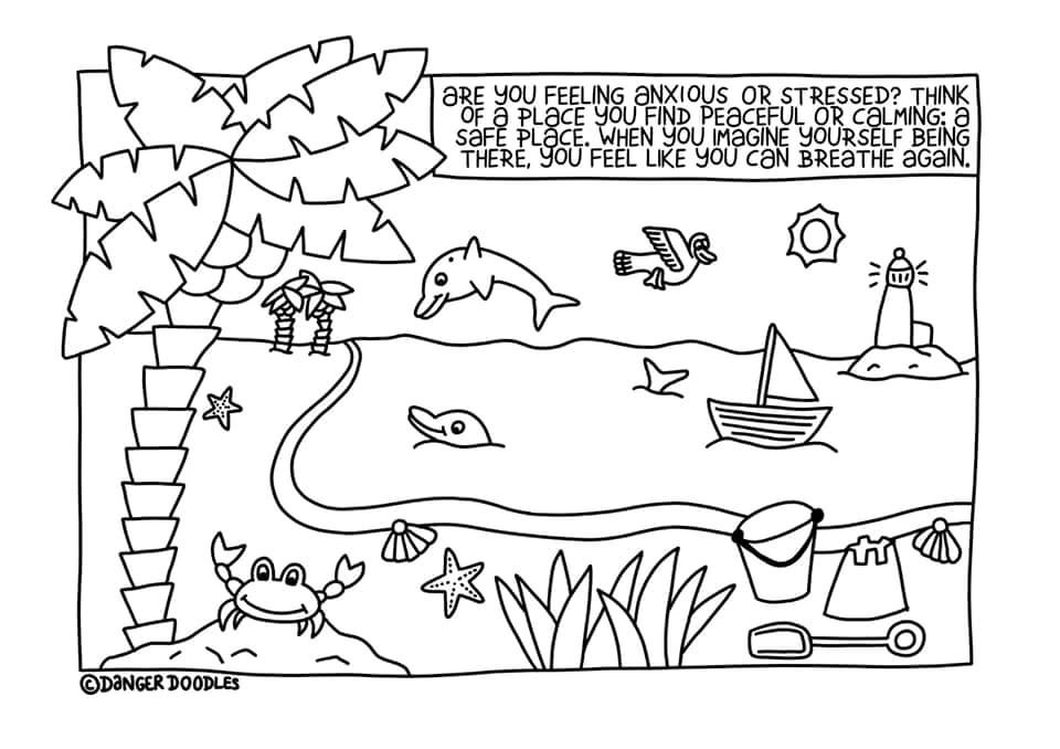 Colouring in sheet for safe place showing beach scene, with dolphins, lighthouse, boat, crab, palm tree and bucket and spade. 