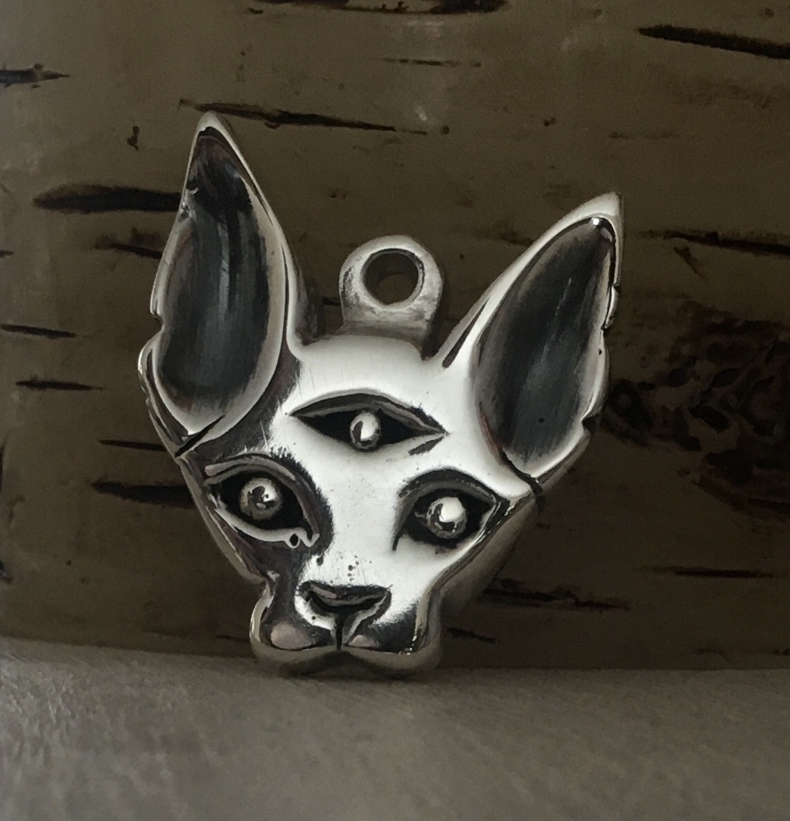 Lost wax casting sterling silver 3 eyed cat pendant 