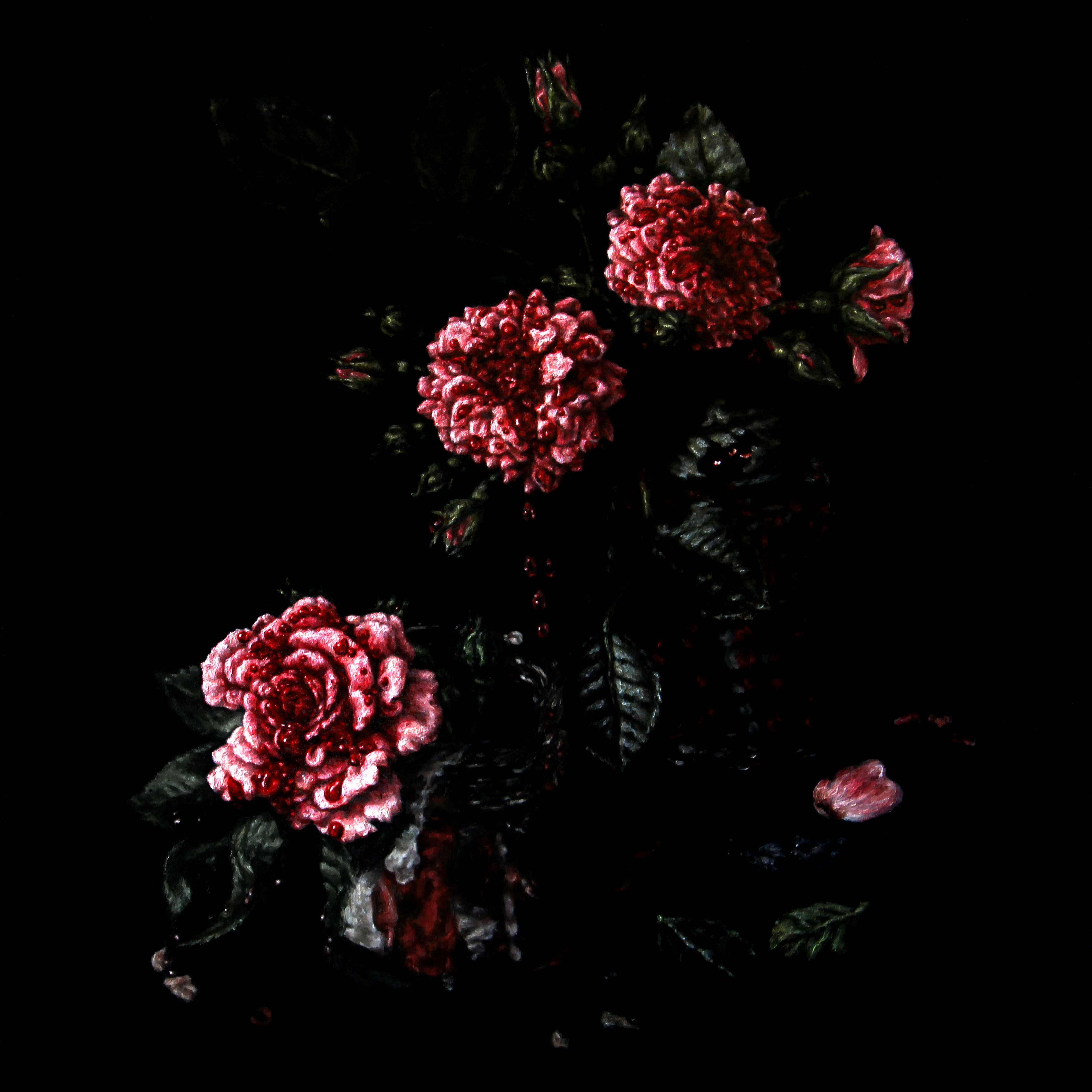 Painting in classical style of pink roses on a black background. There are blood drops emerging from the centre of the roses.