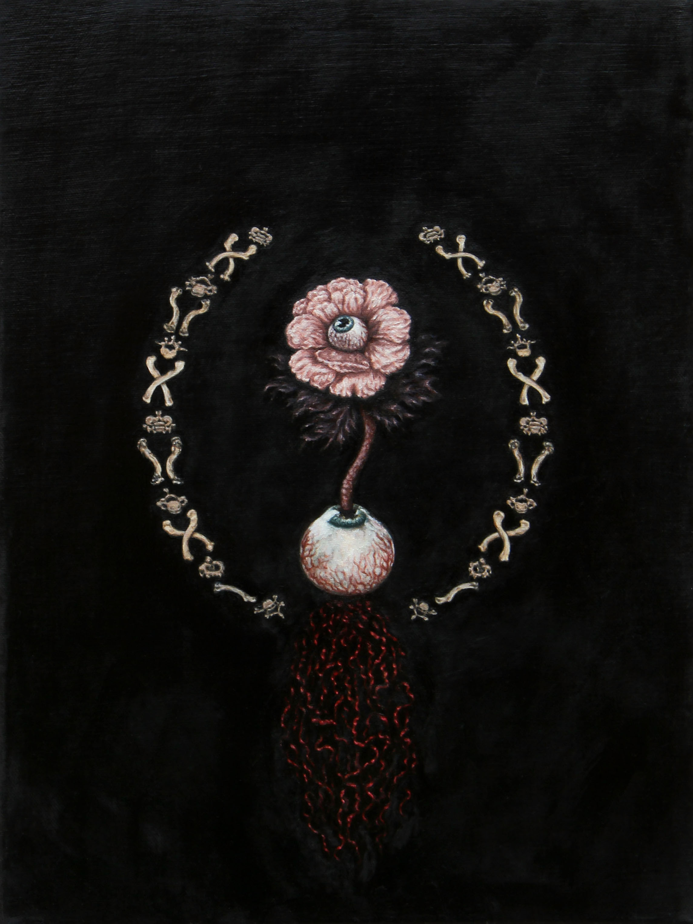Painting in a dark-surrealistic style with a human eyeball at the centre, a flower grows out of this with flesh coloured petals and the flower has a smaller eyeball at it's centre. This is surrounded by a wreath of small human bones, the background is black.