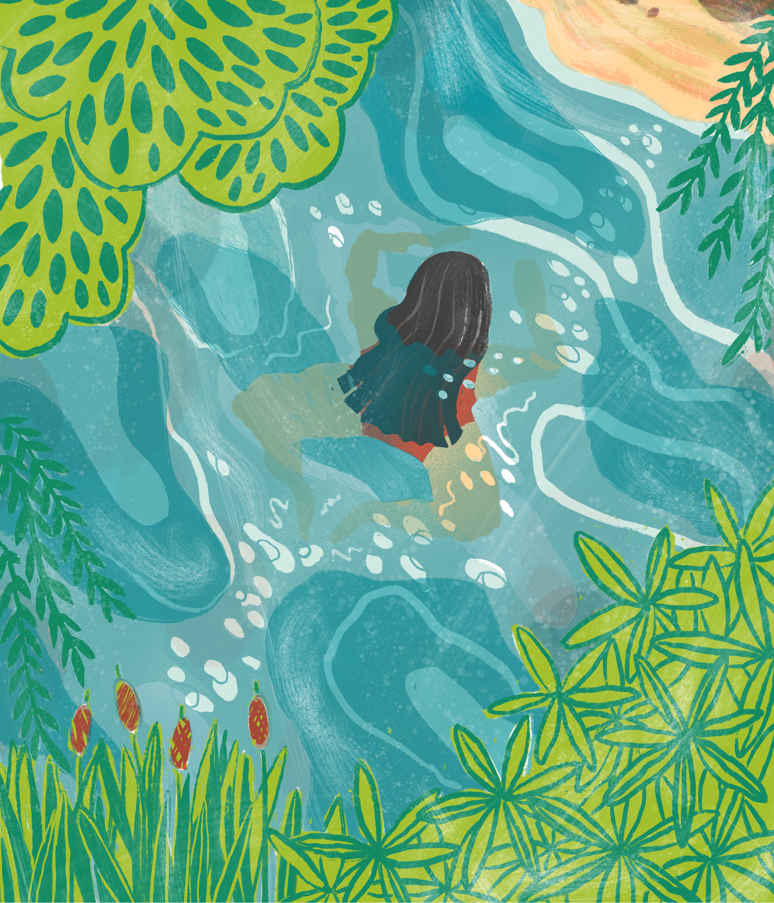 An illustrated image of a white woman with dark hair seen from above swimming a lake surrounded by leaves and reeds.