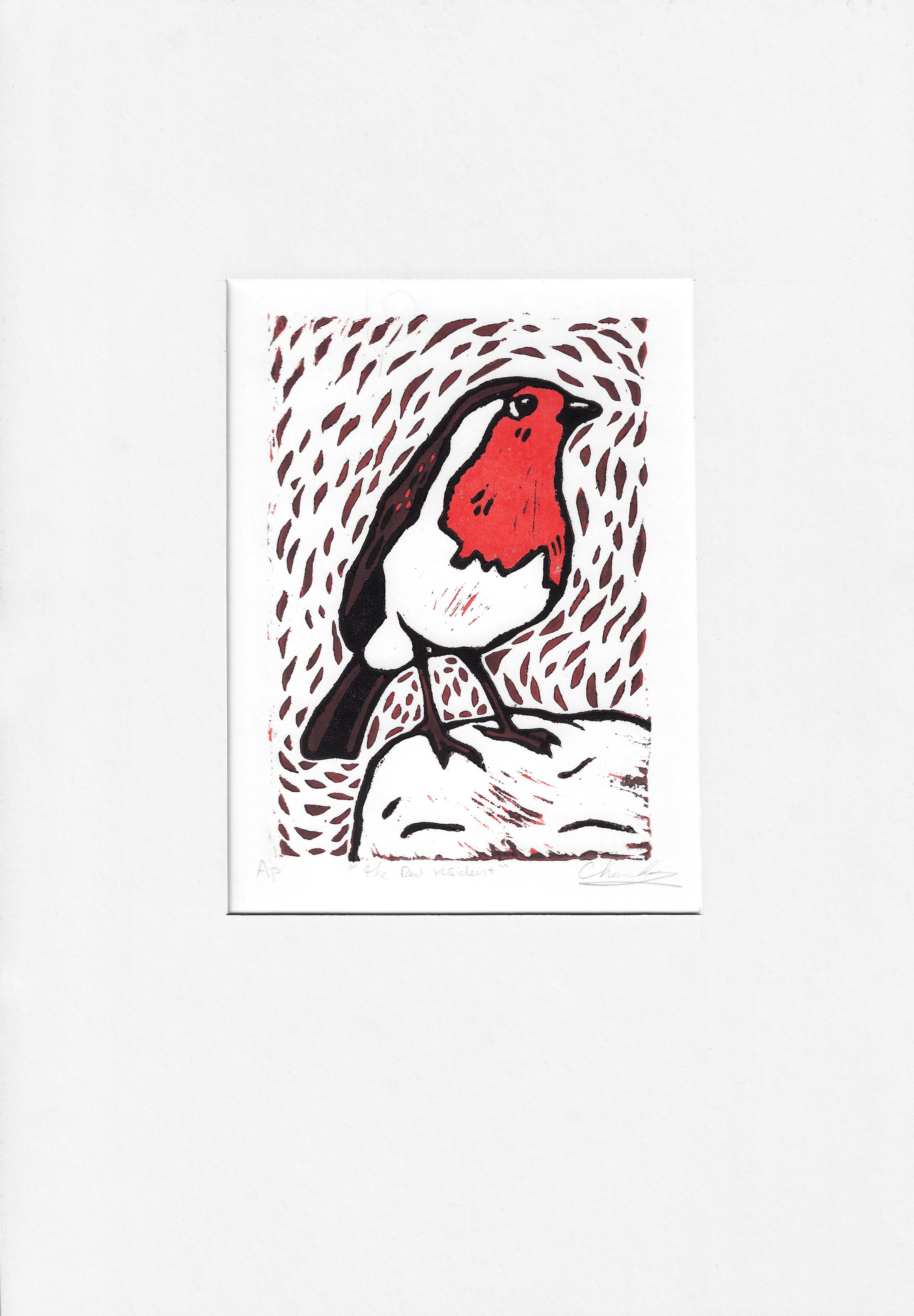 Colour reduction lino print of a Robin Redbreast.