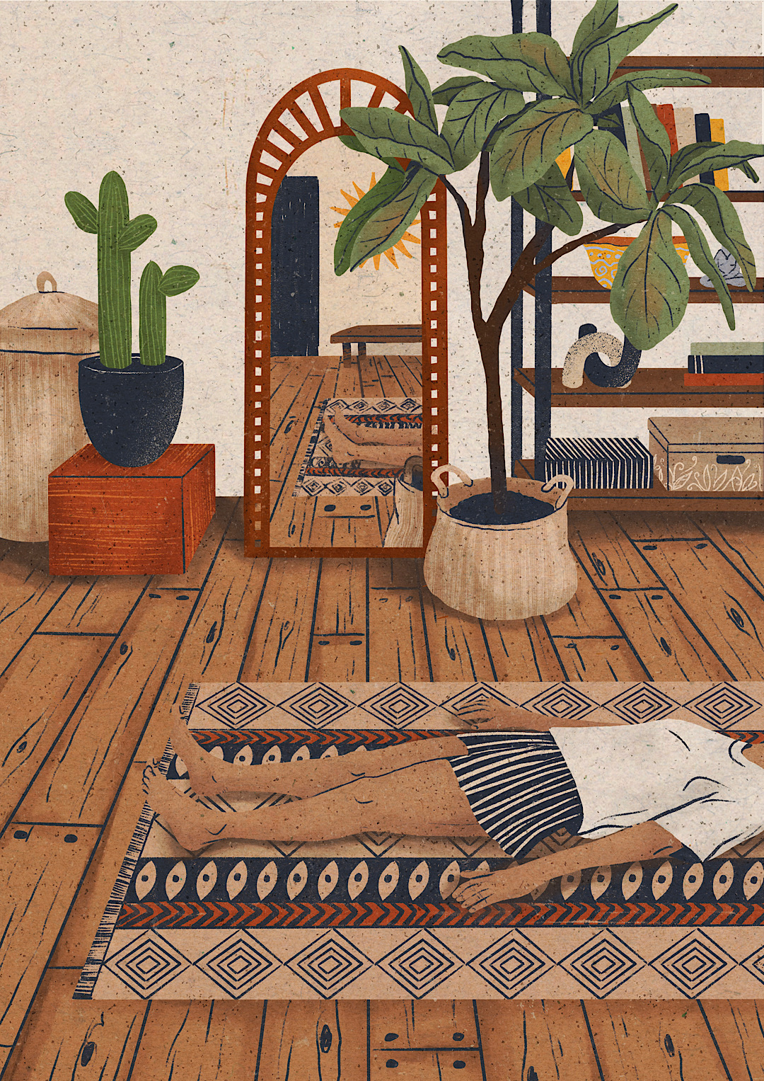 A woman is lying on her floor in a bohemian style room surrounded by plants she is grounded meditating eve pyra
