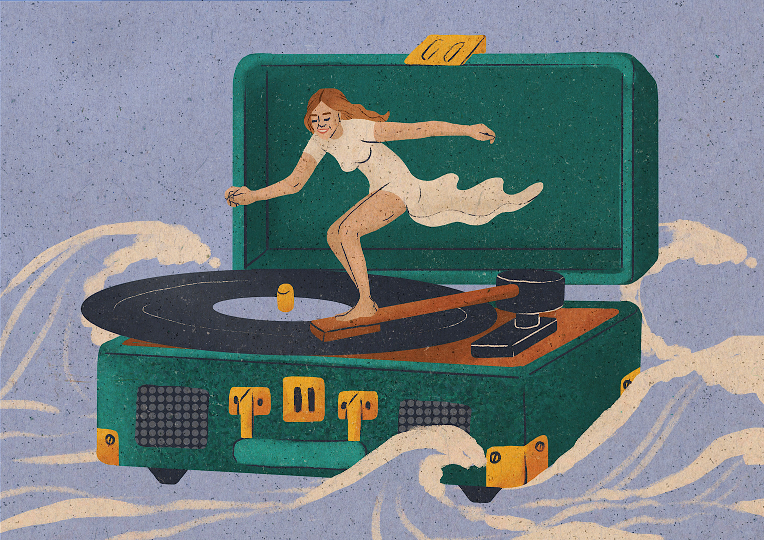 A woman is surfing on a vinyl record player ride the waves of life eve pyra