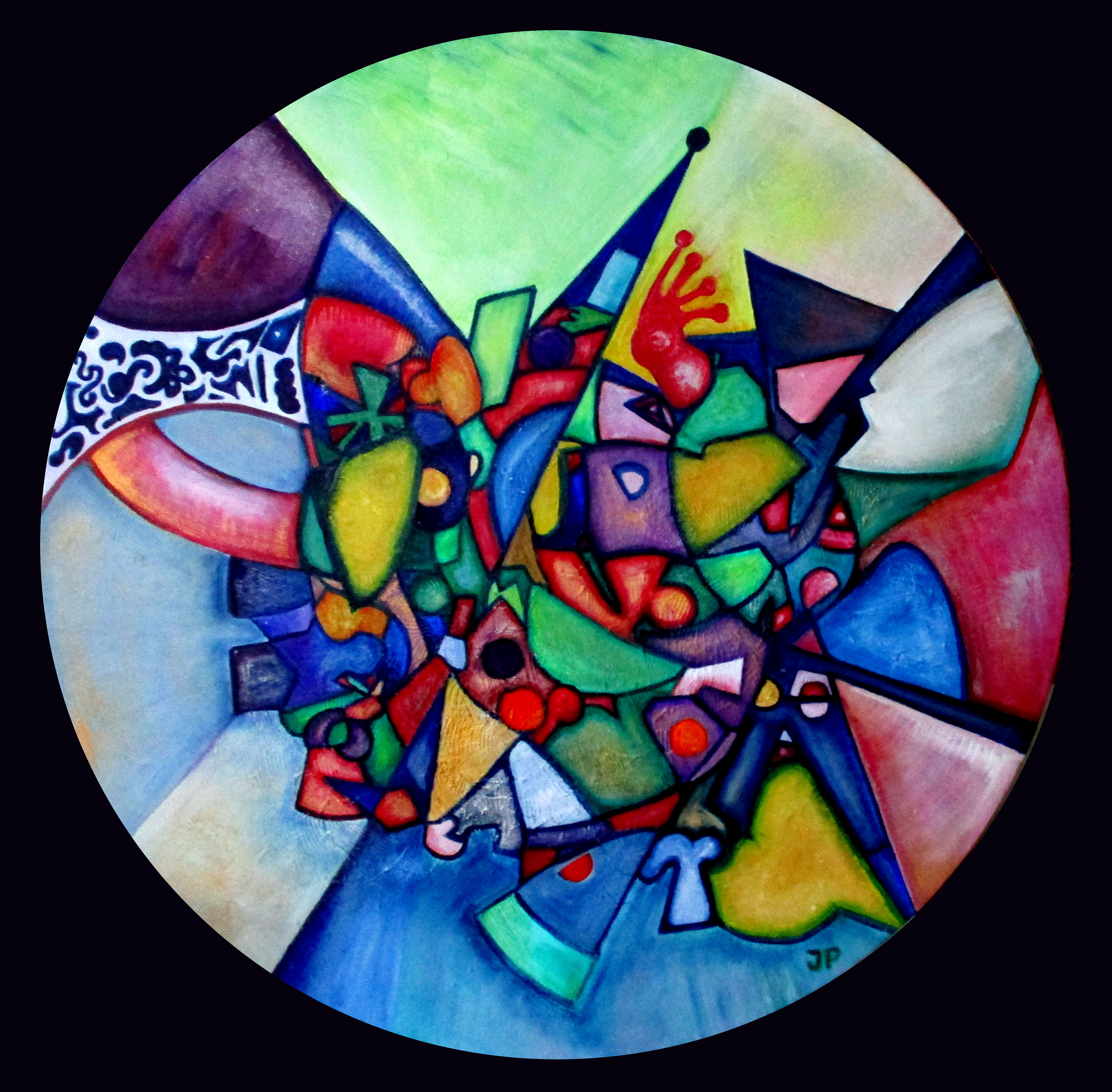 A round abstract oil painting, segmented and multicoloured radiating from the center