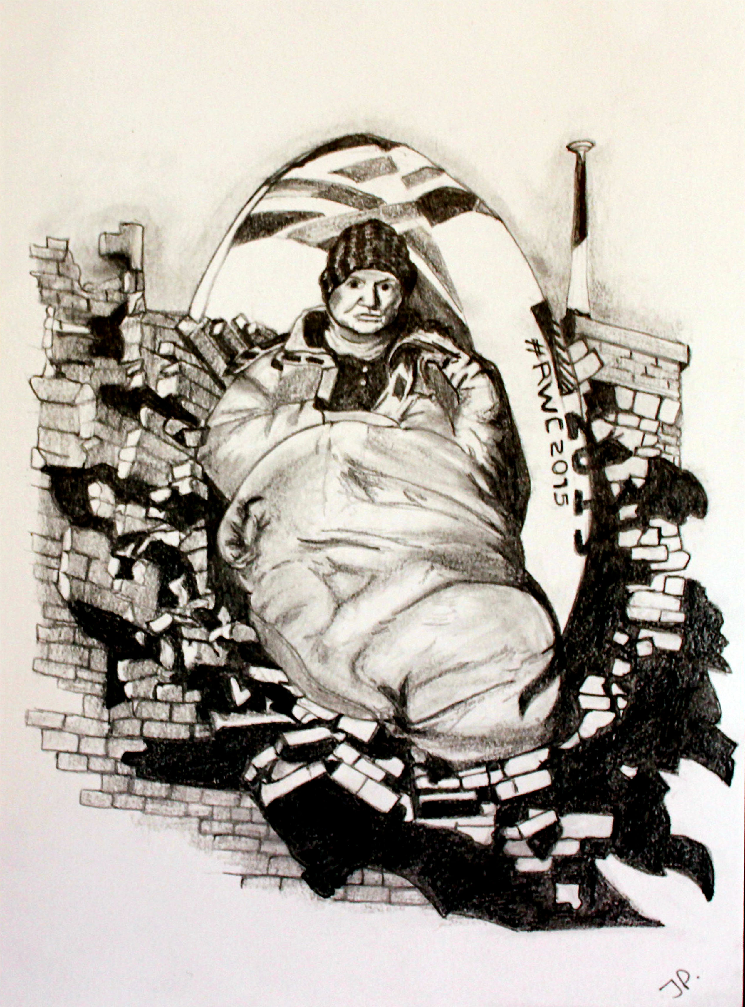 A pencil illustration of a homeless woman placed high on Cardiff Castle wall inside a big rugby ball