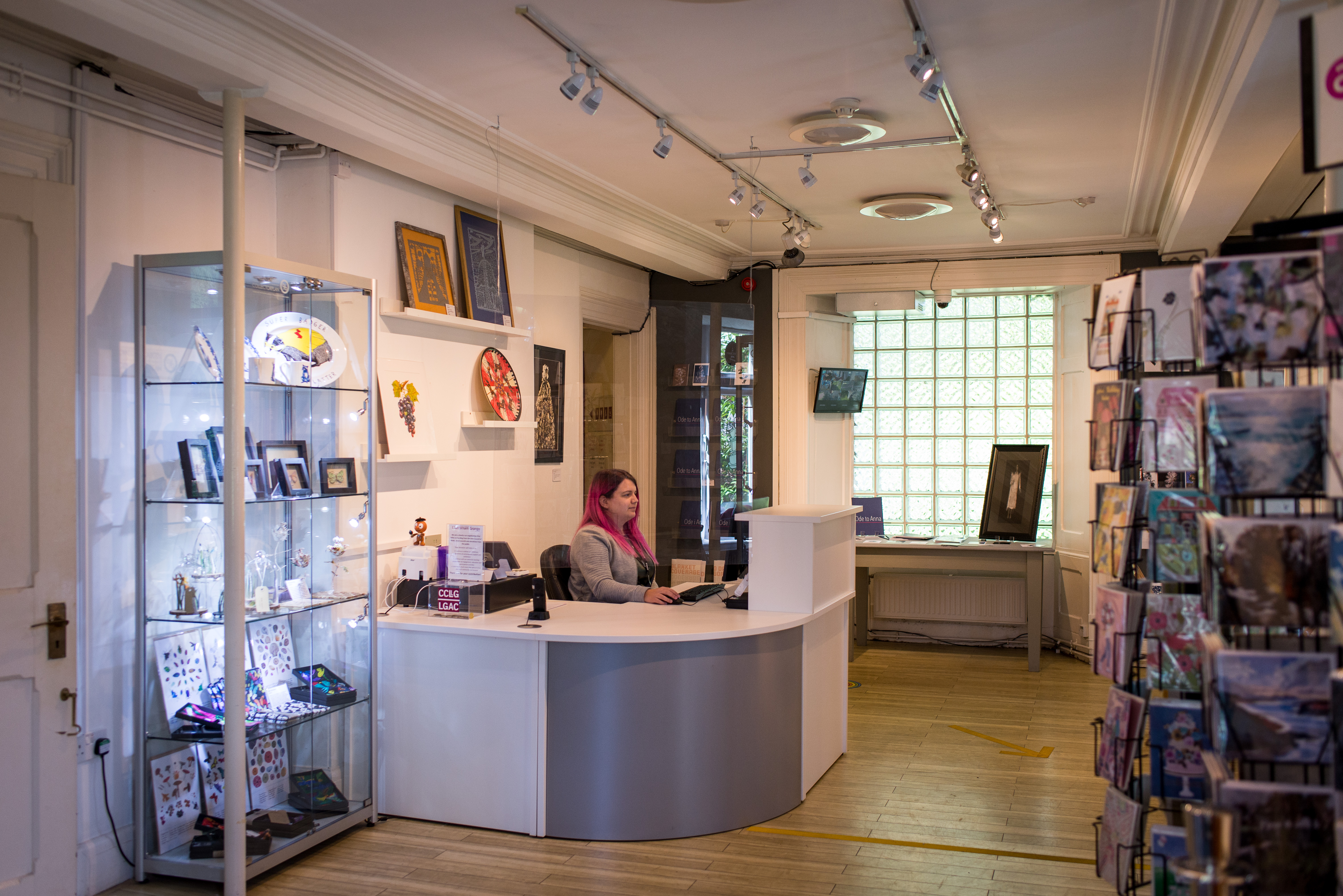 A view of our foyer. A rectangle room with doors that lead you to our galleries and craft shop. The front desk is curved and we have four display cases showing artist work