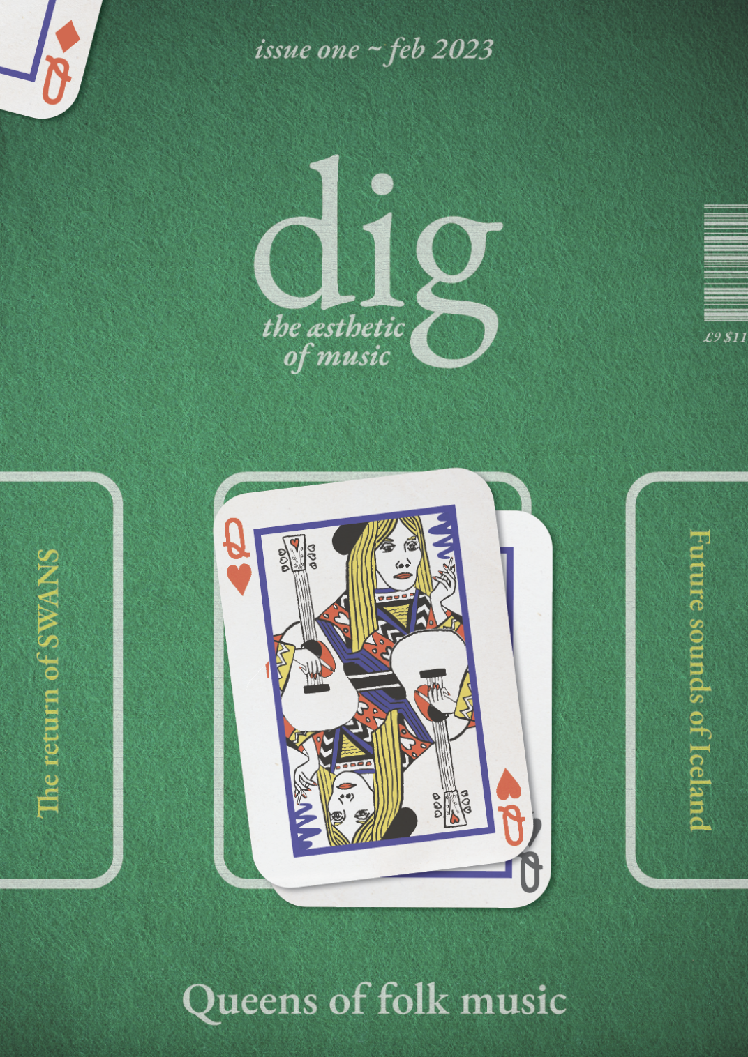 A magazine cover for Dig Music magazine. The key image is a playing card with a picture of Joni Mitchell as the queen of hearts on a poker table. 