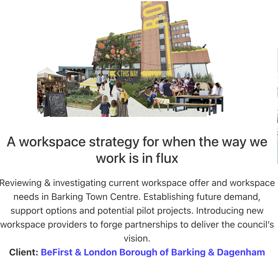 Architect's drawing of a seven story creative workspace and text below describing our work in Barking making the case for and setting up a creative workspace for BeFirst the local regeneration team