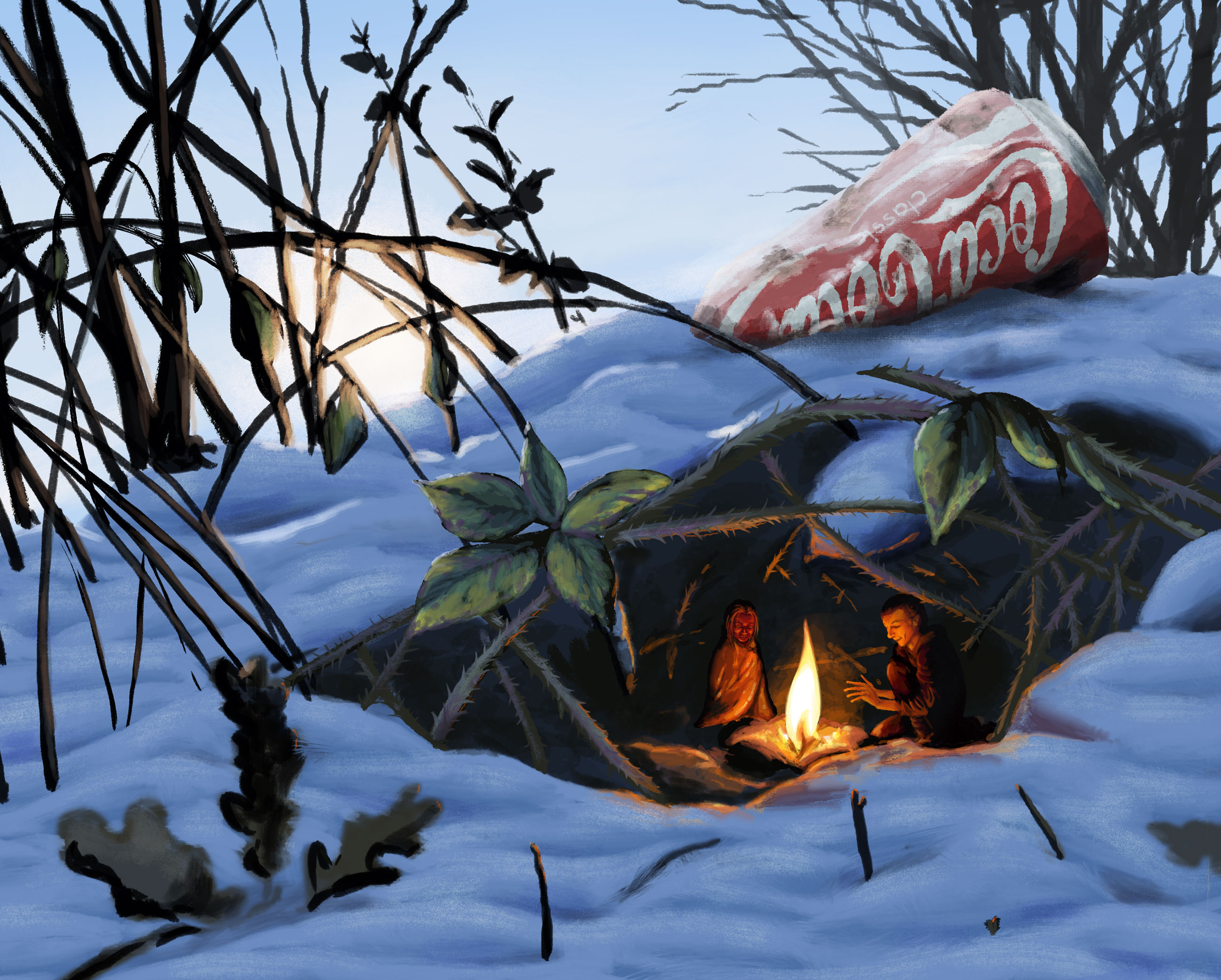 Two tiny people huddle around a small fire sheltering under a patch of snow covered brambles 