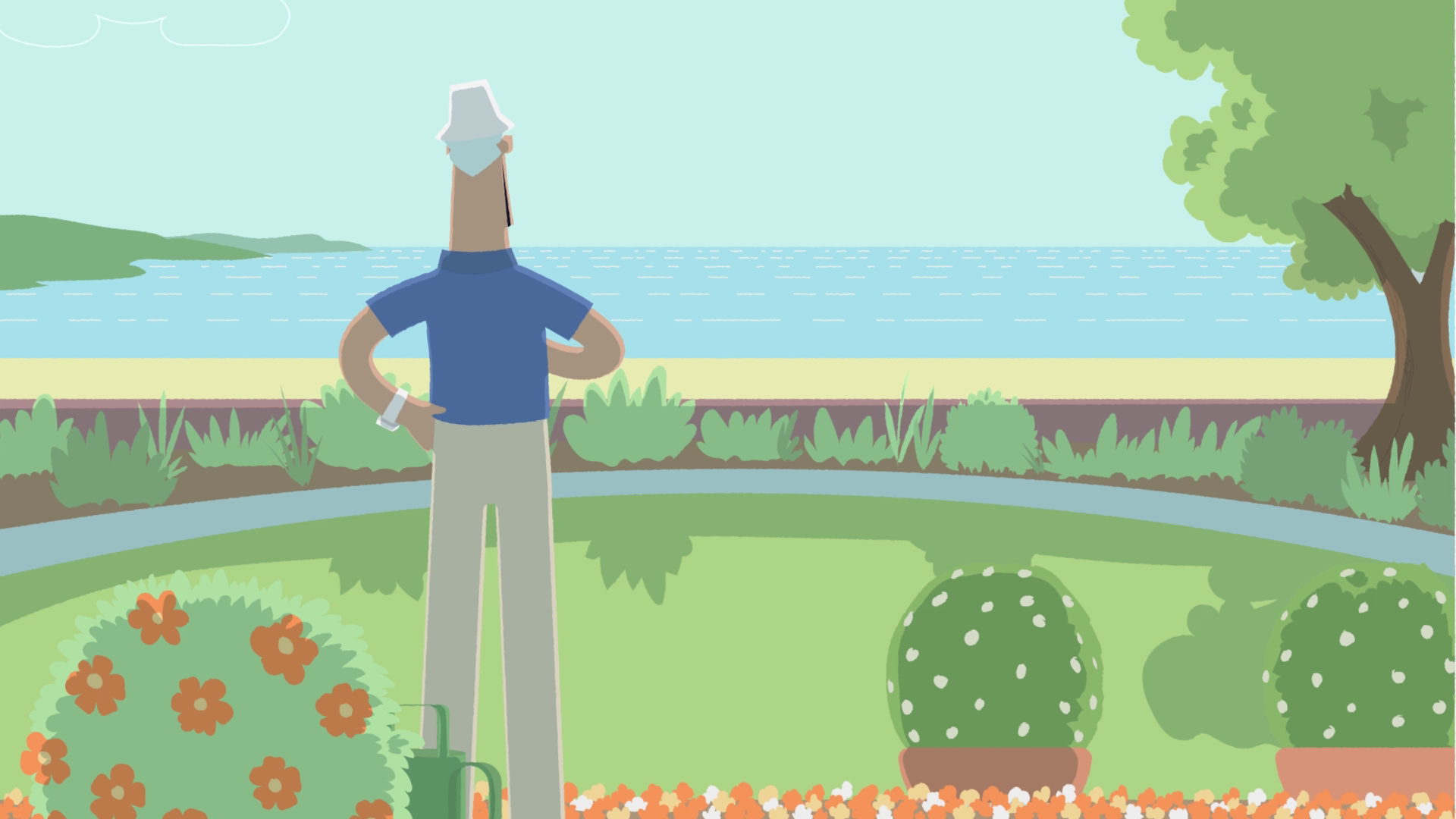 An elderly gentleman stands in a beautifully manicured coastal garden looking out to sea 