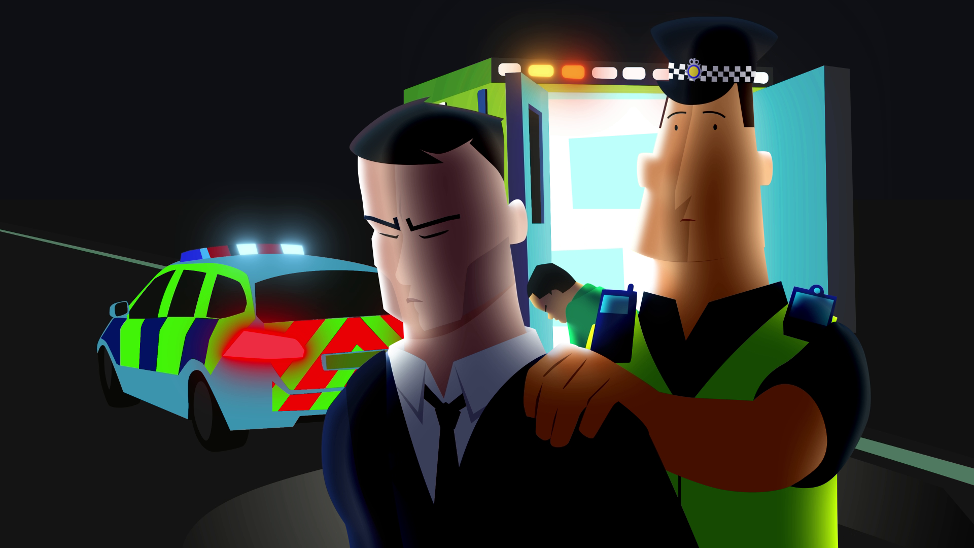 A man in a suit is escorted away by a policeman whilst in the background a paramedic kneels outside an ambulance giving cpr.