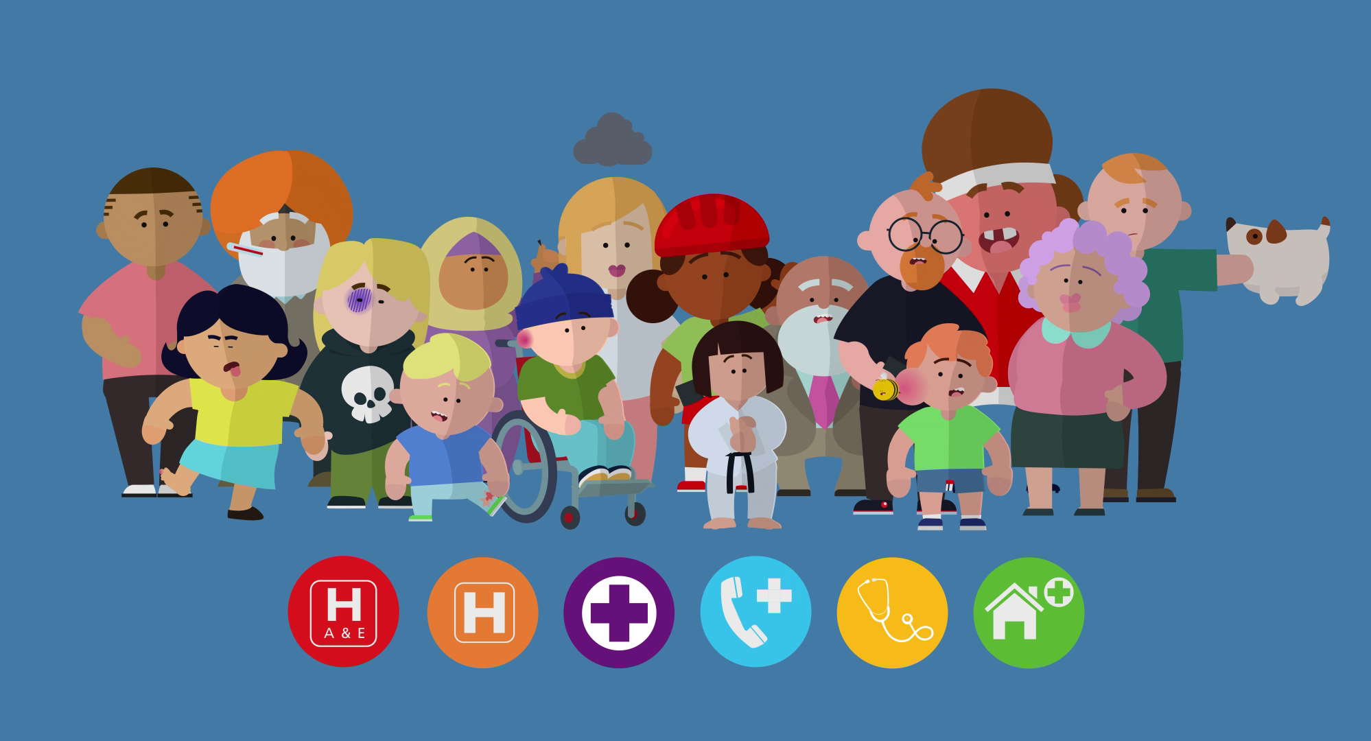 A diverse group of stylised cartoon characters, all needing various forms of medical attention, stand looking at camera