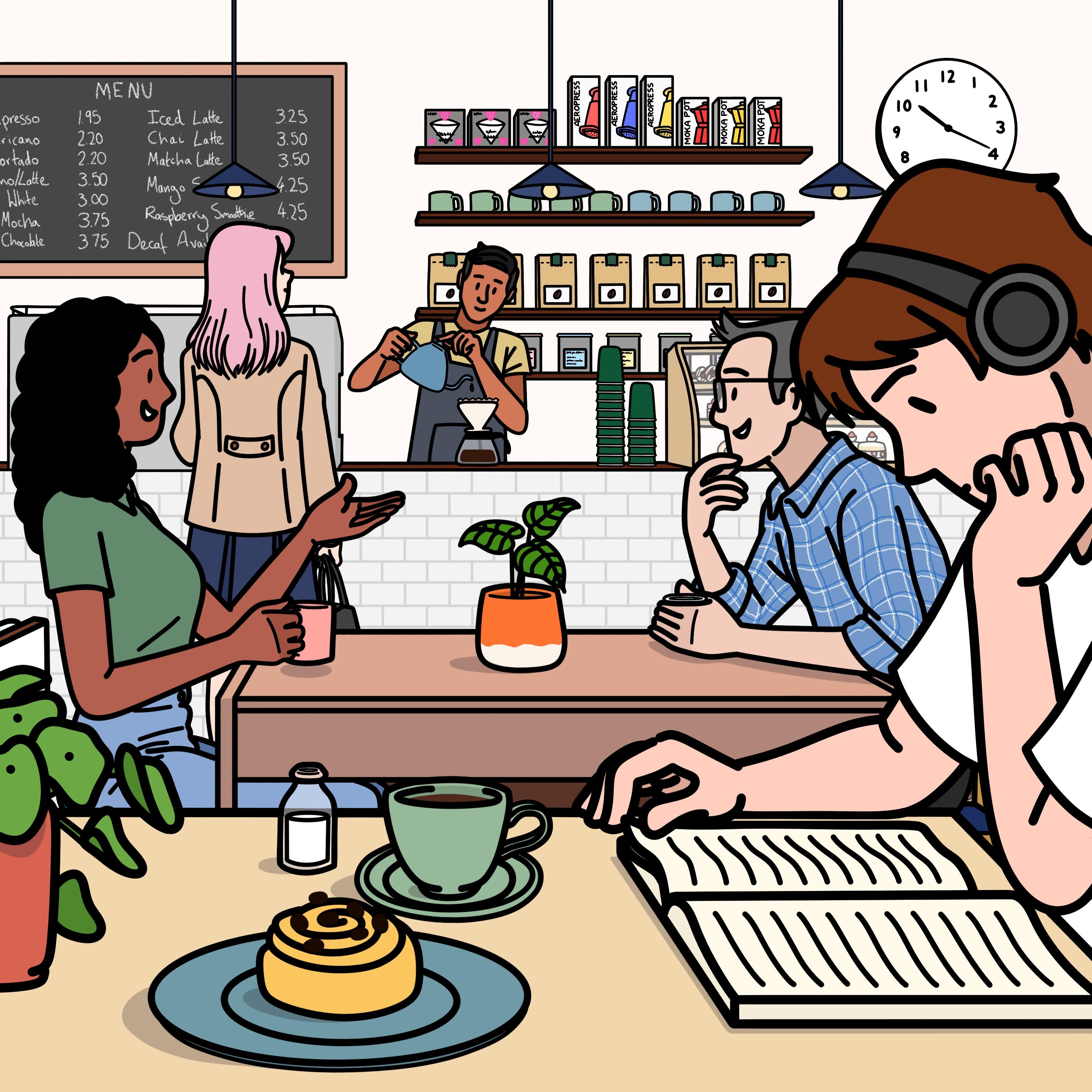 Illustration of a busy café scene