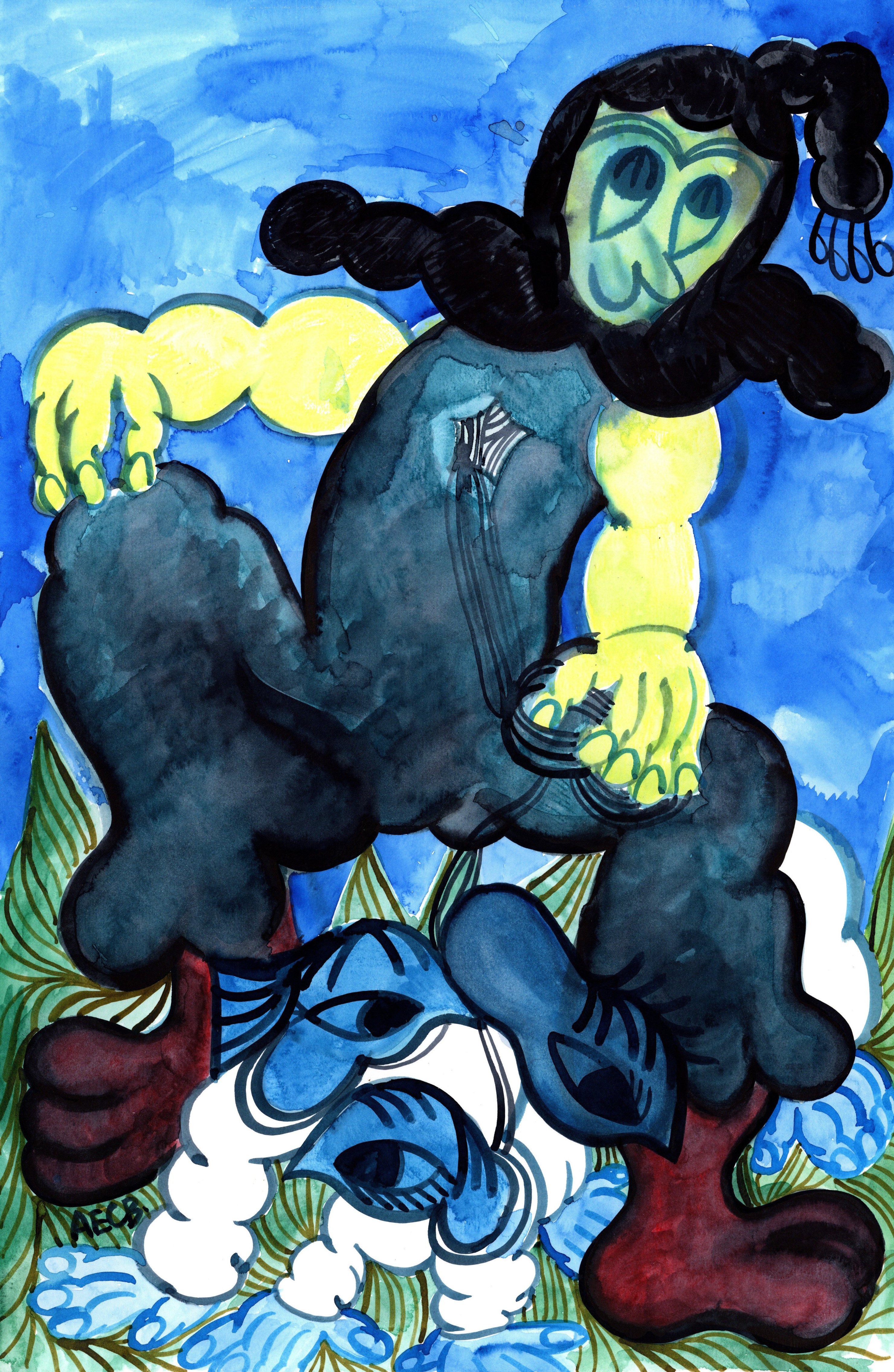 A watercolour drawing of a hybrid character managing three dog-like creatures, illustrating the frustation of executive dysfunction that autistic people often experience daily.