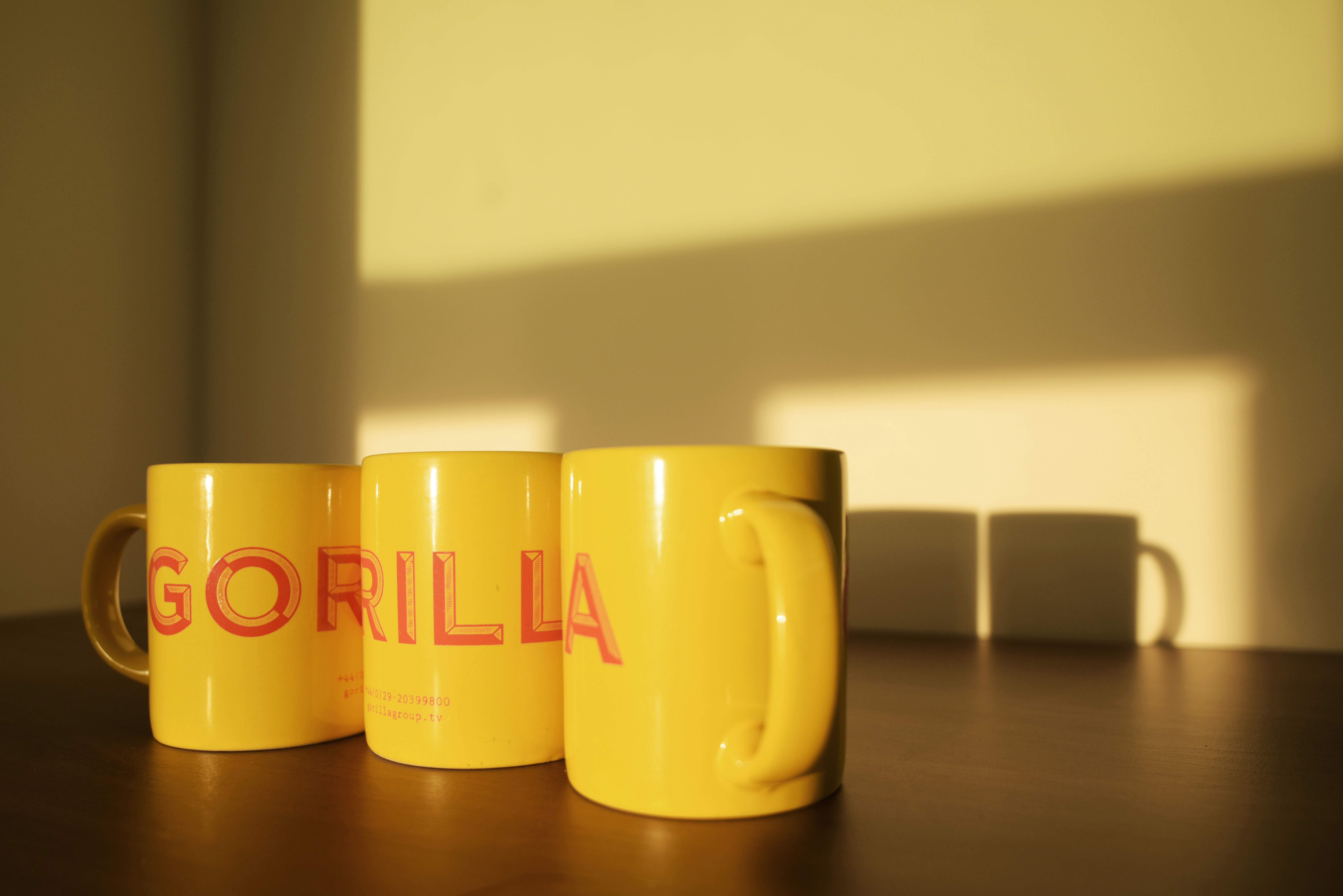 gorilla label on 3 mugs