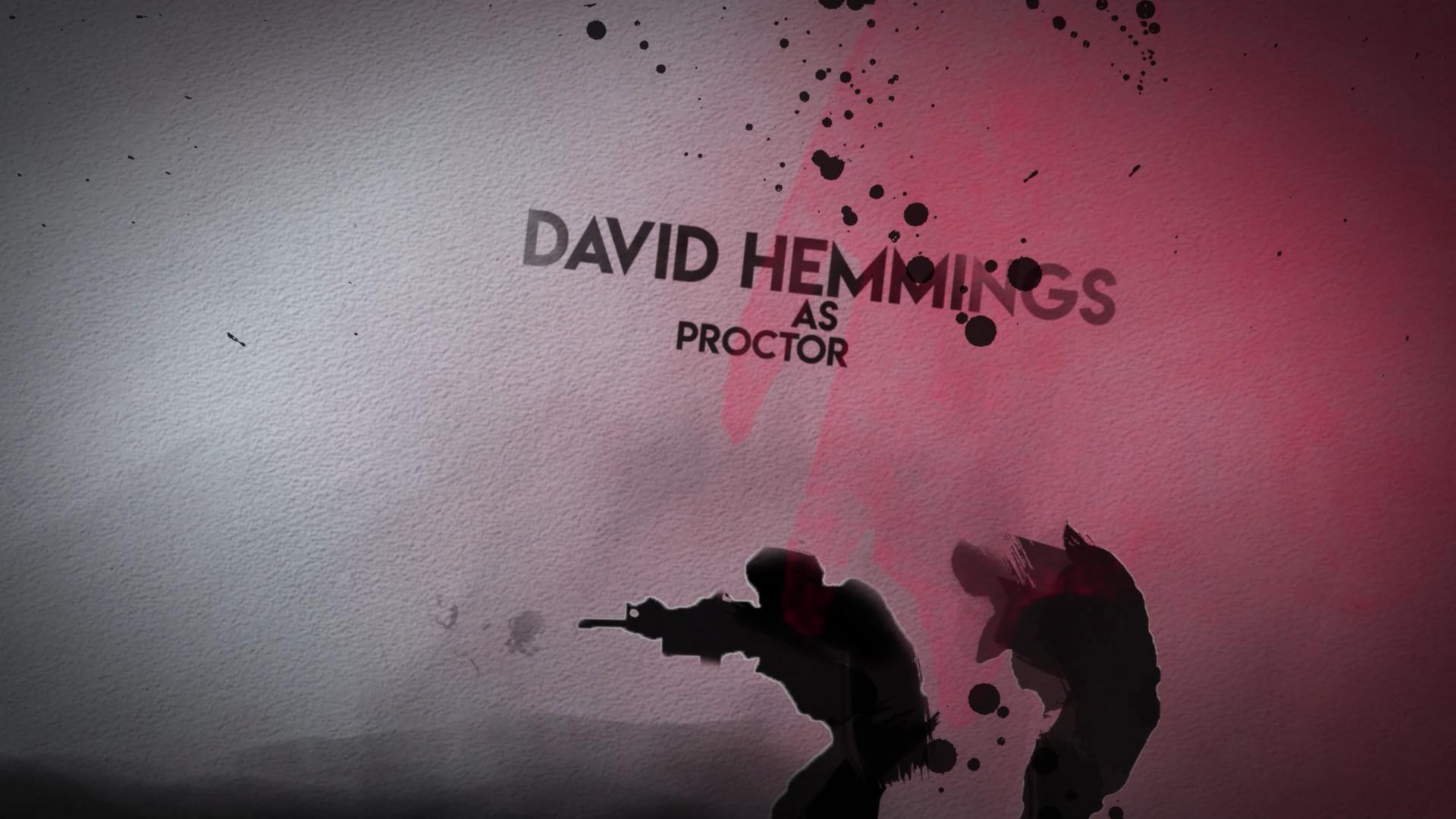 Stylised war scene featuring two silhouetted soldiers with ink splatters and watercolor textures. Overlay text reads 'David Hemmings as Proctor' in bold black font.