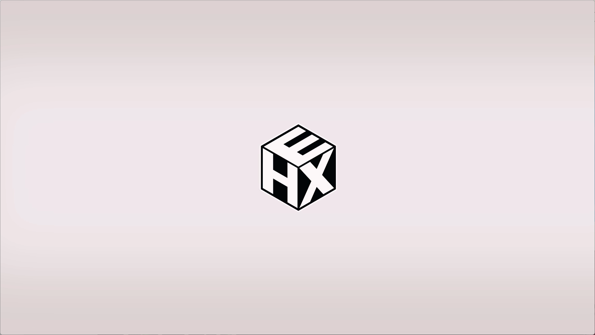 Black and white isometric cube logo containing the letters H, E & X on its visible faces, centered on a minimal gradient background.
