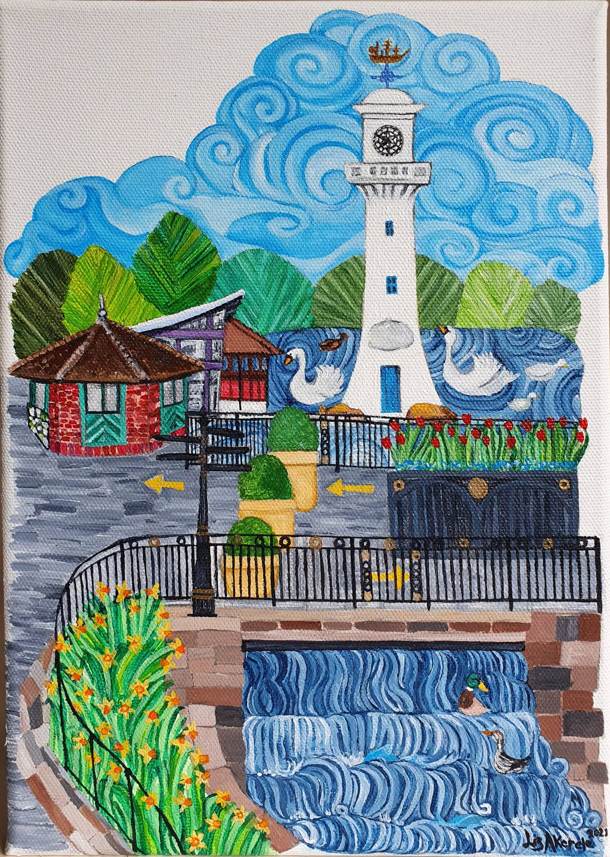 Bright Colourful acrylic painting of Roath Lake during lockdown.