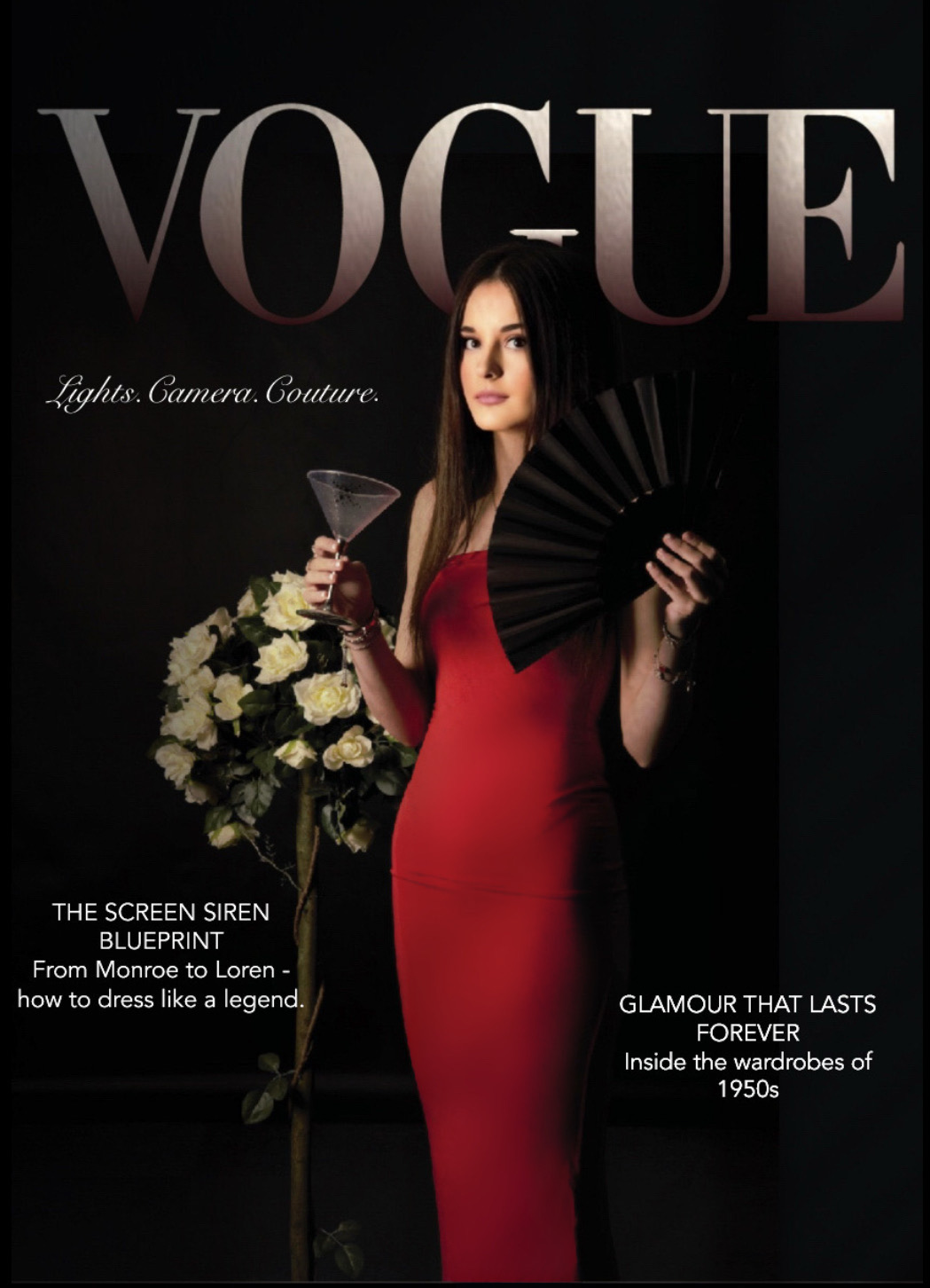 This editorial piece channels the timeless elegance of 1950s Hollywood glam, think satin silhouettes, structured poses and cinematic lighting. Styled with a bold red gown, a classic martini glass, and vintage fan, the image captures the essence of screen sirens like Loren and Monroe, blending drama with sophistication. Shot, styled and edited entirely by me, this mock cover celebrates femininity, fashion, and old school star power through a modern lens.