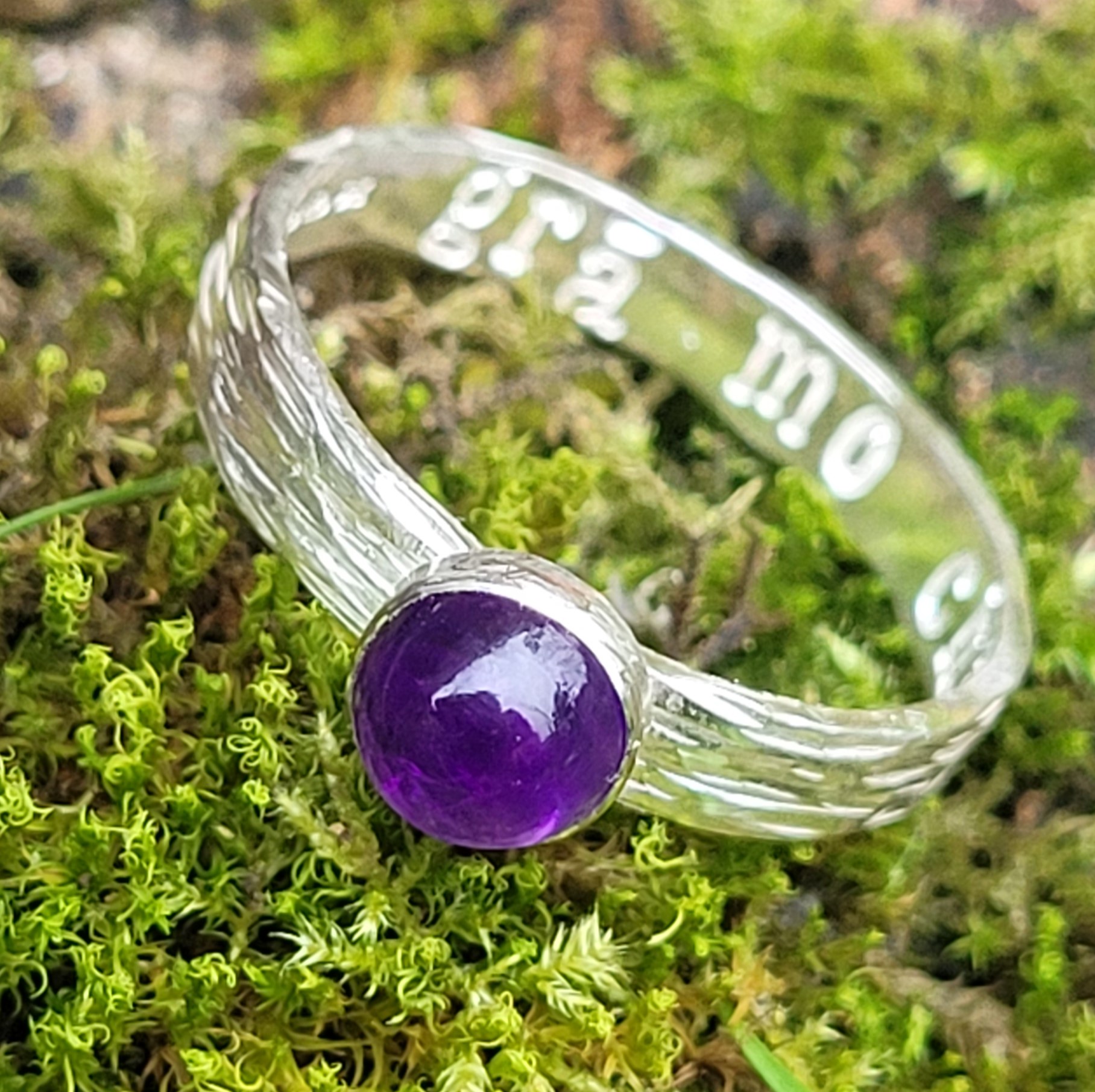Sterling Silver Ring with Amethyst and stamped inside as Gaeilge, in Irish