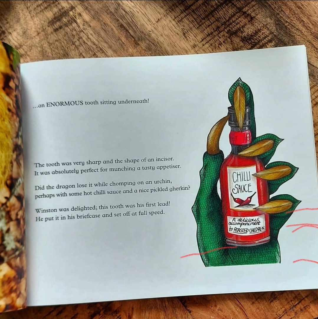 Detaile dragons hand clasping Chilli sauce bottle- children's book illustration.. 
