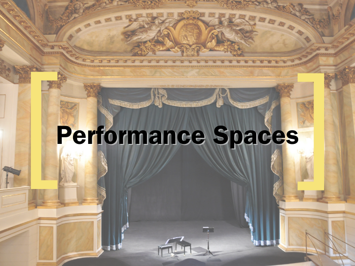 A faded background of a theatre stage, over which text reads 'Performing Spaces' in between the Creative Cardiff Brackets in Yellow