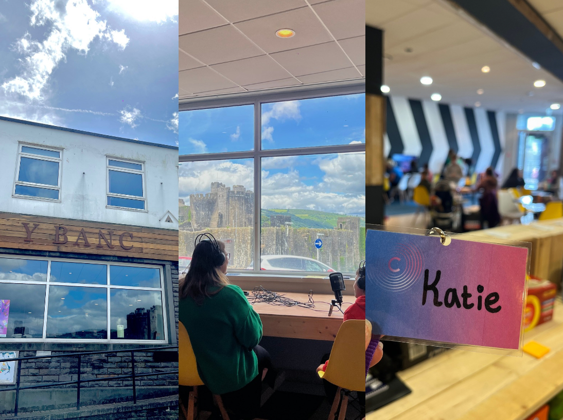 Cyfres o luniau o Katie yn gweithio yn Y Banc yng Nghaerffili