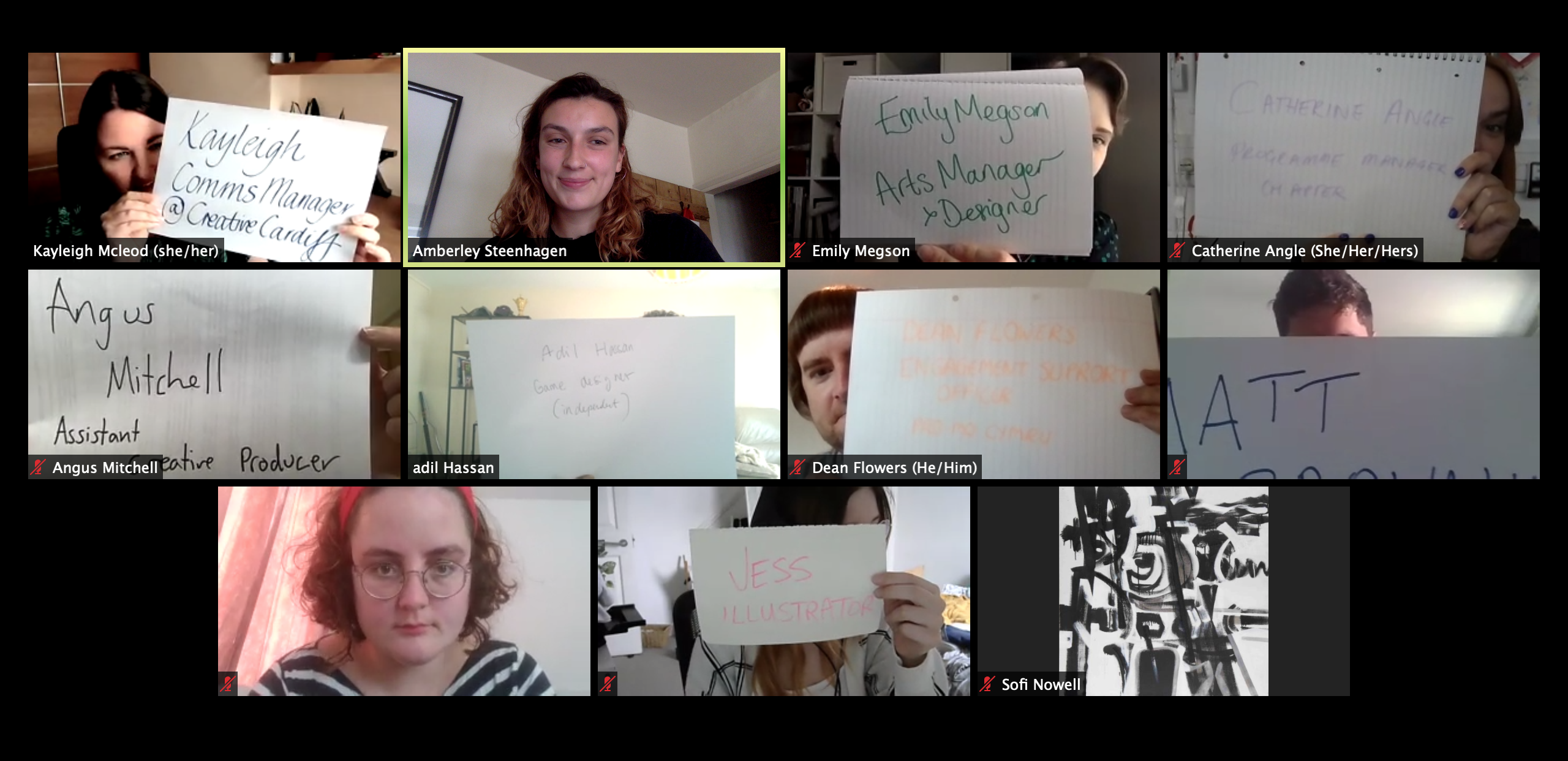 Screengrab of Zoom meeting with faces holding up cards with their name and job title on