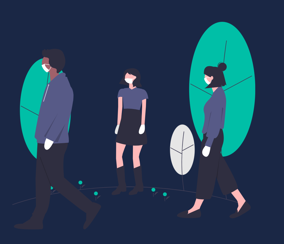 Animated image of woman and men walking with masks 