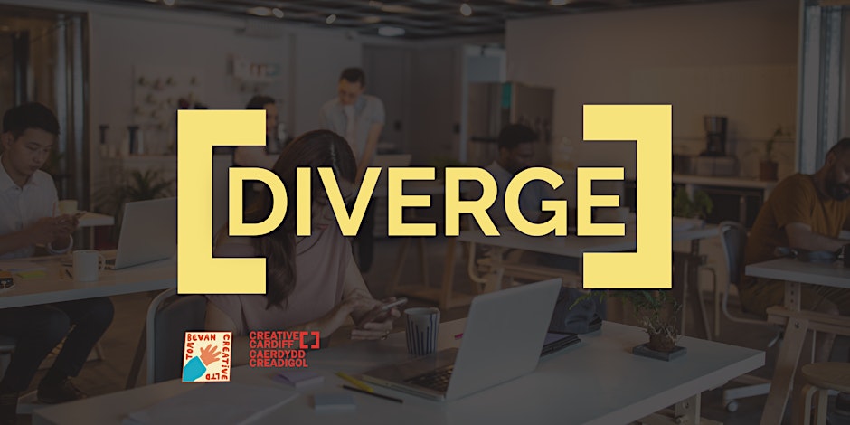 diverge logo in yellow with Creative Cardiff logo and Tom Bevan's logo