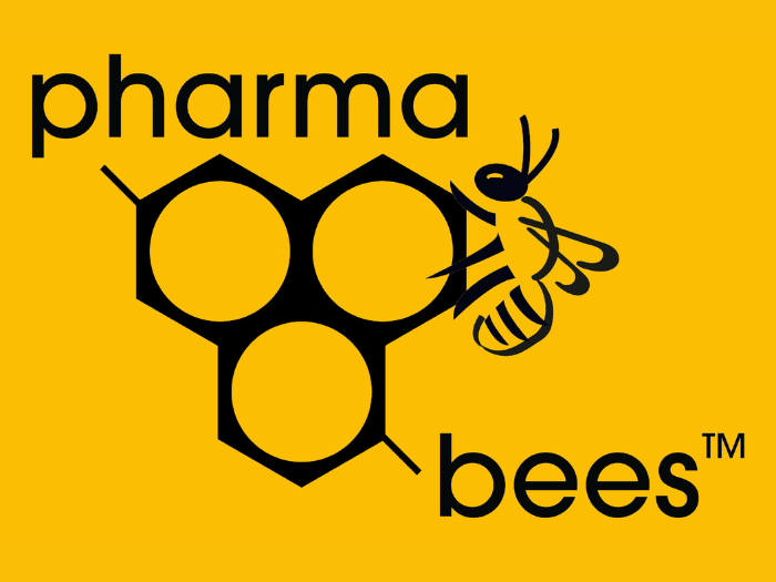 Pharma Bees logo yellow background with black text