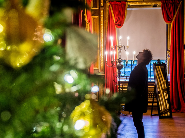 Guy looking up in a festive room in Tredegar House