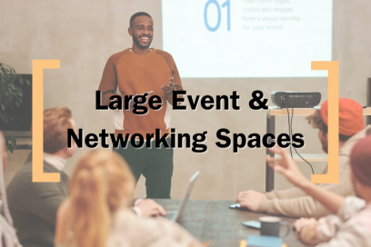 A faded background of a conference, over which text reads 'Large Events and Networking Spaces' in between the Creative Cardiff Brackets in Orange