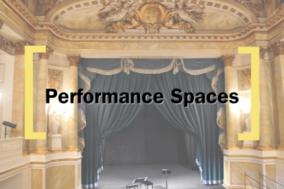 A faded background of a theatre stage, over which text reads 'Performing Spaces' in between the Creative Cardiff Brackets in Yellow