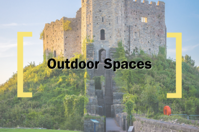 A faded background of Cardiff Castle, over which text reads 'Outdoor Spaces' in between the Creative Cardiff Brackets in Yellow 
