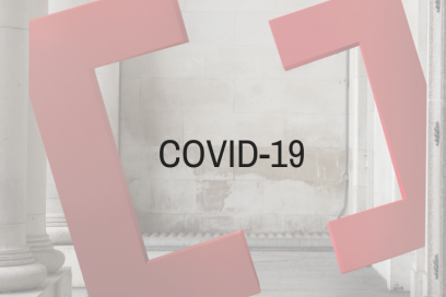 The word COVID-19 against the backdrop of Creative Cardiff logo of two large letter Cs