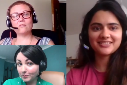Podcast recording selfies from Claire Parry-Witchell, Kayleigh Mcleod and Prateeksha Pathak