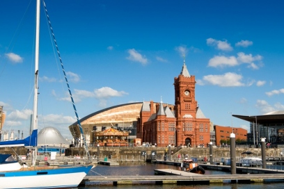Panoramic image of Cardiff Bay with the Pierhead Building at the centre