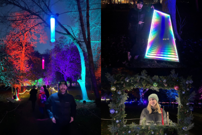 John and Carys from Creative Cardiff enjoying the Bute Park light trail