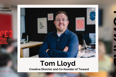Portrait of Tom Lloyd with the logo of Toward and Creative Cardiff either side