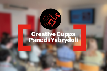 blurred image of people sitting in a room with the creative cardiff creative cuppa logo in the centre