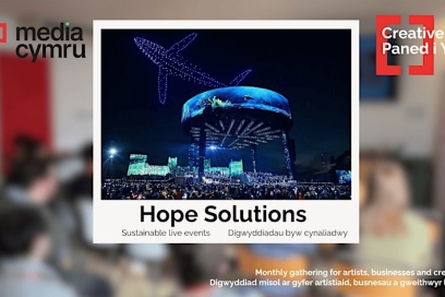 a banner image featuring the words 'Hope Solutions' with an image of light up drones forming a whale shape